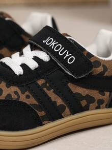 Multi-Color Kids' Vintage Colorblock Sneakers, Leopard Print Contrast Stripe Thin Fleece Lining, Durable Non-Slip Hook & Loop Closure, Unisex Toddler/Children's Autumn/Winter Versatile Comfortable Shoes - Black - View 7