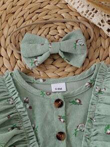 Baby Girl Mori Style Spring/Autumn 2pcs Set, Button Front Opening Olive Green Floral Corduroy Ruffle Long Sleeve Princess Dress + Matching Headband - Green - View 6