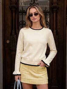 Exquisite Contrast Color Slim Fit Knit Top, Vertical Stripes Slimming Effect, Neckline Hem And Cuff Line Accents, Ribbed Edge Durable, Can Be Worn Alone Or Layered, Suitable For Daily Commute, Date, Afternoon Tea, Shopping And Outings - Apricot - View 4