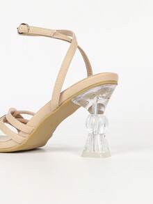 Women's Square Toe Crystal High Heel Sandals With Rhinestone Strap, Open Toe, Summer Autumn, Minimalist Basic Style, Metal Buckle - Apricot - View 4