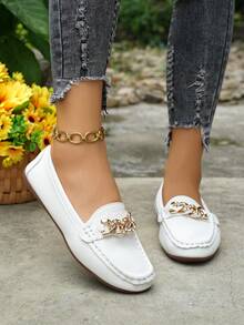 Women's Spring New Golden Chain Elegant Loafers, Lightweight Comfortable Versatile Rubber Flat Slip-On Shoes - White - View 3