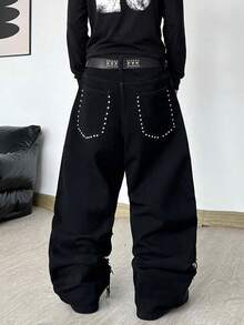 Hearty Haven 1pc Men's Distressed Denim Jeans Loose Beaded Patchwork Wide Leg Pants Casual All Season Comfortable Long Pants - No Belt And Accessories - Black - View 1