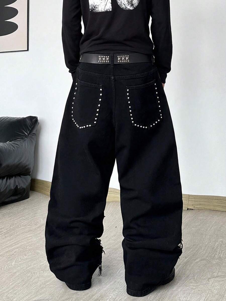 Hearty Haven 1pc Men's Distressed Denim Jeans Loose Beaded Patchwork Wide Leg Pants Casual All Season Comfortable Long Pants - No Belt And Accessories - Black - View 1