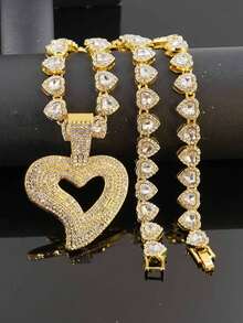 Personalized Asymmetrical Heart-Shaped Full Rhinestone Pendant Necklace, Heart-Shaped Rhinestone Chain, Hip-Hop Rap Style Couple Jewelry - Heart Pendant Necklace - View 4