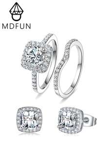 MDFUN White Gold‑Plated CZ Bridal Jewelry Set,2 Stackable Halo Rings+1 Pair Stud Earrings,Square/Round Design For Women Wedding Party - A-chunky Stud Earrings + Ring - View 1