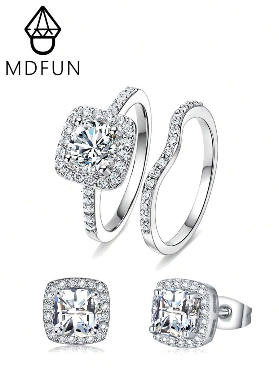 MDFUN White Gold‑Plated CZ Bridal Jewelry Set,2 Stackable Halo Rings+1 Pair Stud Earrings,Square/Round Design For Women Wedding Party - A-chunky Stud Earrings + Ring - View 1