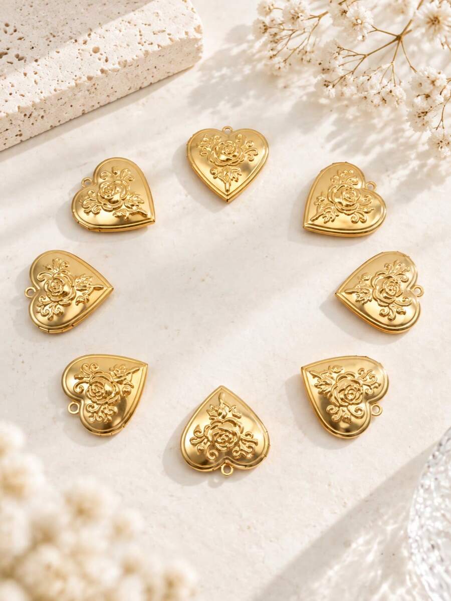 8pcs Fashion Stainless Steel Heart Pattern Locket Pendant, Flip Open ...