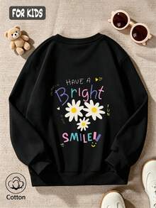 Girls' Cute Printed Drop-Shoulder Round-Neck Long-Sleeve Casual Sports Sweatshirt - Black - View 3