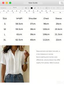 Women's Lapel Half-Button Short Sleeve Shirt, Solid Color Linen Texture Pleated Front Loose Casual Spring, Summer, Autumn Top - White - View 7