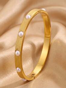 3/1pcsGold-Tone Stainless Steel Bangle, Matte Pearl, Rectangular Zirconia & Clover Embellishment, Elegant Statement Adornment - Gold - View 16
