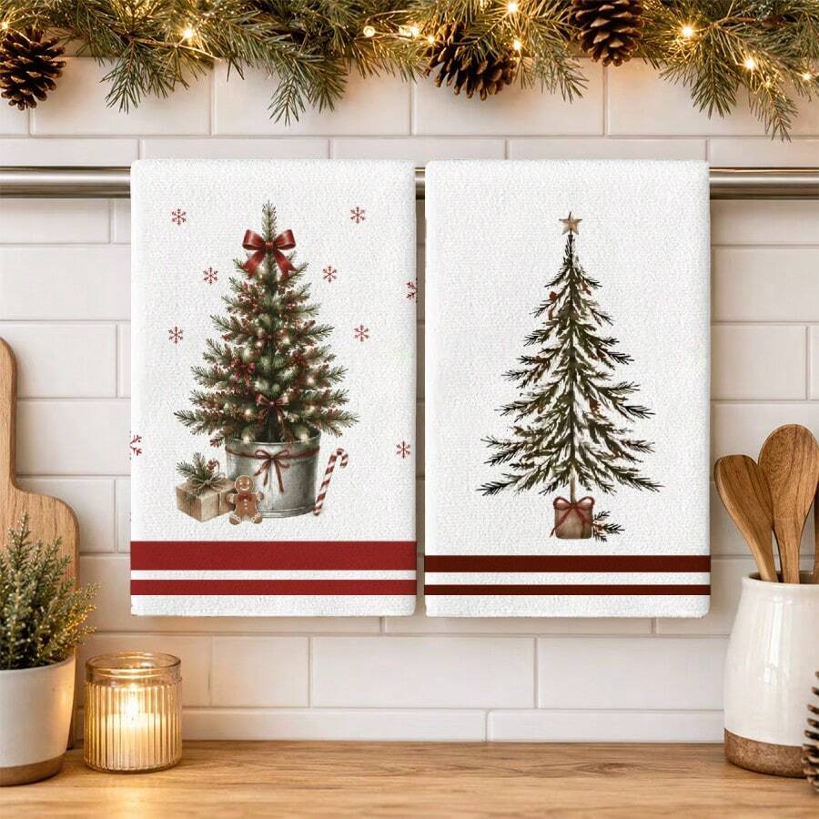 2pcs/Set, White Red Blue Color Scheme, Christmas Kitchen Towels, Hand Towels, Christmas Towel Set, Christmas Holiday Gift, Absorbent Soft Cleaning Cloth, Tea Towels, Hand Towels, Cooking Baking Tea Towels, Cleaning Cloth, Dish Cloth, Kitchen Decor, Living Room Decor, Kitchen Essentials, Home Essentials - White - View 1