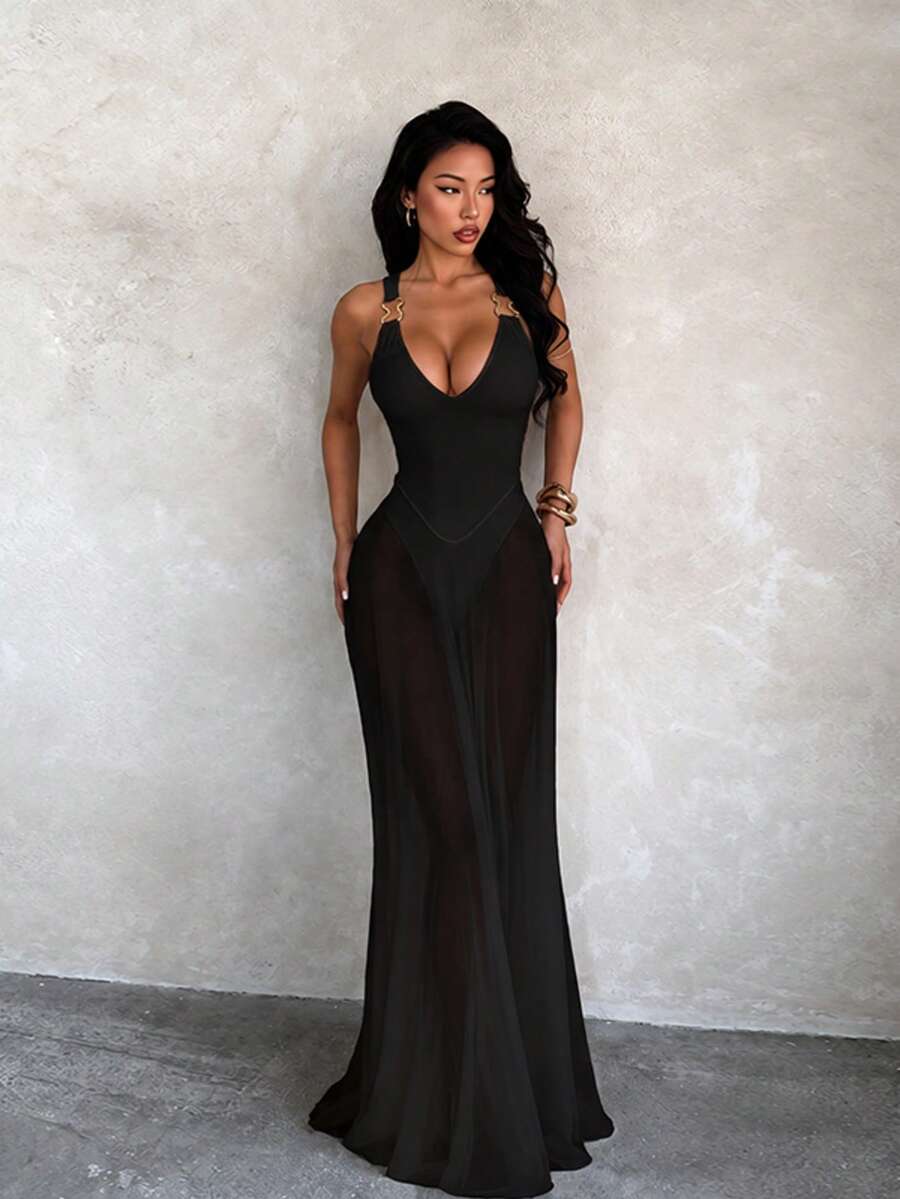Women's Black Summer Dress, Sexy V-Neck Chiffon Halter Neck Dress, Suitable For Valentine's Day, Date Night, Party And Beach Vacation