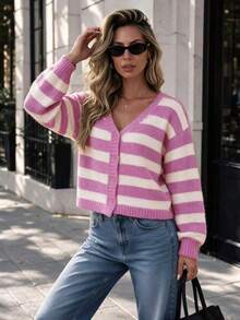Soft Pink & White Striped Knit Cardigan, V-Neck Single-Breasted Loose Slimming Sweater - Multicolor - View 4