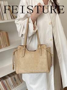 FEISTURE 1件裝 麂皮材質與PU布料拼接女款多層通勤托特包 時尚單肩包 適合女孩、女性、大學生、職場新人與白領上班族 適用於工作、商務、通勤、上學 - 卡其色 - 查看 9