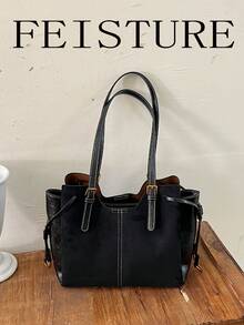 FEISTURE 1件裝麂皮與PU布料拼接多層托特包，時尚女款單肩包，適合女孩、女性、大學生、職場新人與白領上班族，適用於工作、商務、通勤、上學 - 黑色 - 查看 7