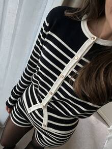 Fall/Winter Elegant Striped Cardigan, Going Out To Business, Waist-Cinching Knit Cardigan Top - Black and White - View 2