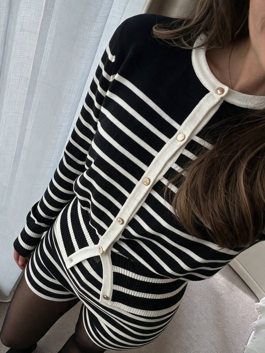 Fall/Winter Elegant Striped Cardigan, Going Out To Business, Waist-Cinching Knit Cardigan Top - Black and White - View 1