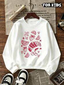 Girls Cute Line Drawing Fruit Croissant Print Crew Neck Sweatshirt, Kids Casual Long Sleeve Fleece Pullover - White - View 9