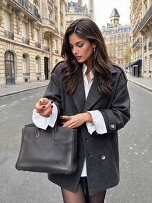 Women's Chic Fall Winter Double Breasted Lapel Loose Mid‑Length Coat, Sophisticated Outfit For Commute, Date, Gathering & Casual Occasions - Dark Grey - View 1