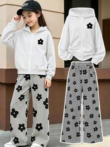 2pcs/Set Girls Hooded Zip-Up Sweatshirt With Floral Print, Paired With Casual Floral Striped Wide Leg Pants, Comfortable Autumn/Winter New Outfit - Light Grey - View 1