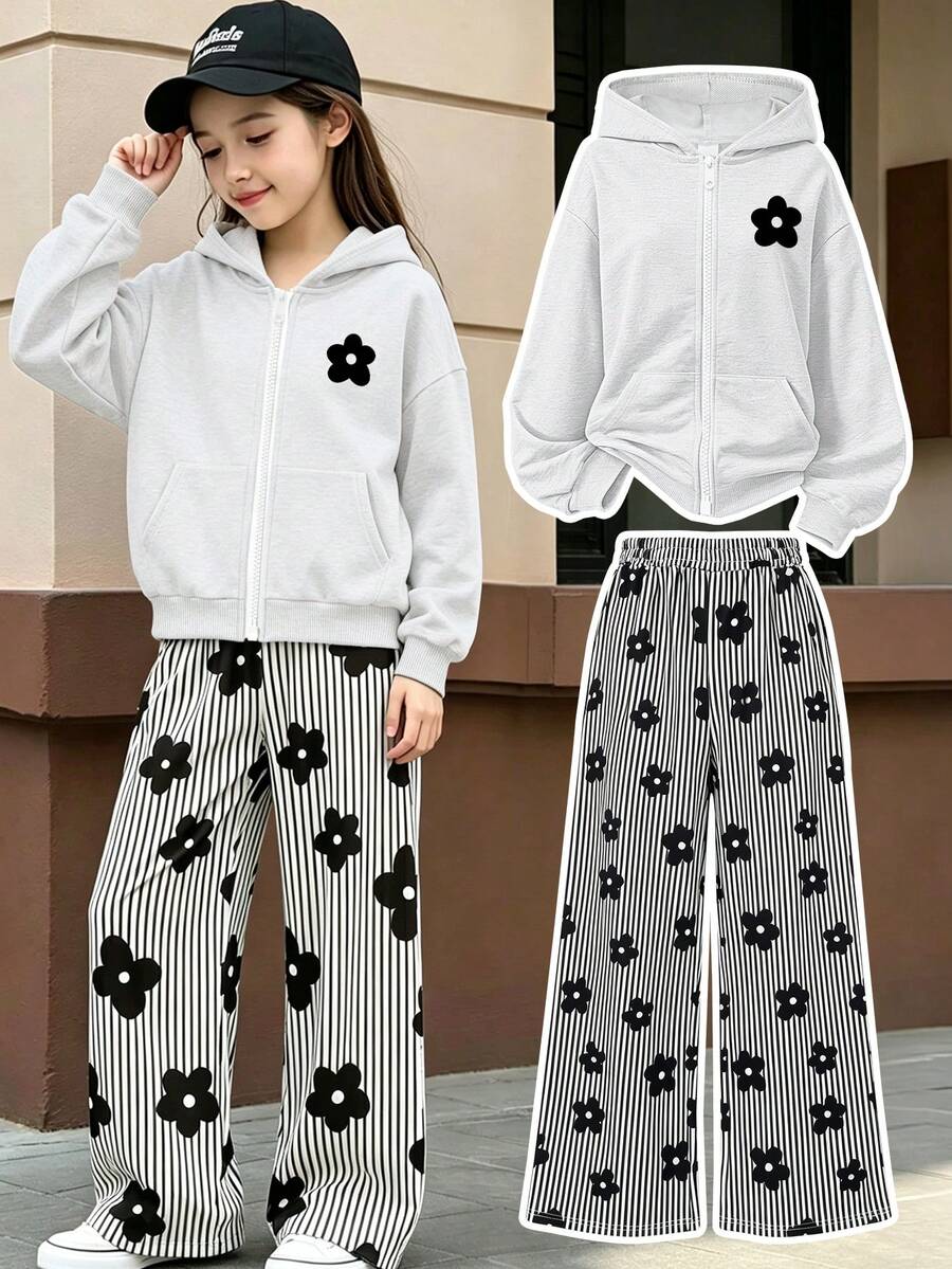 2pcs/Set Girls Hooded Zip-Up Sweatshirt With Floral Print, Paired With Casual Floral Striped Wide Leg Pants, Comfortable Autumn/Winter New Outfit - Light Grey - View 1