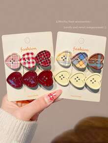 2/4pcs Cute 3 Hearts Button Design Hair Clip, Plaid Solid Color Sweet Barrette, Korean Style Side Bangs Hair Accessory For Women Girls - Multicolor - View 4