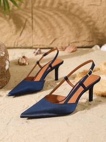 On feet& in love Women's Fashion Elegant Pointed Toe Low-Cut Open Back High Heel Pumps, Suitable For Commuting, Parties And Weddings - Royal Blue - View 5