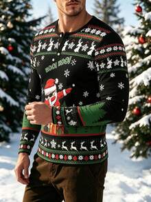 Men's Autumn/Winter Christmas Party Santa Claus Snowflake Reindeer Button Collar Long Sleeve T-Shirt - Multicolor - View 3
