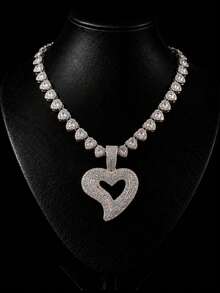 Personalized Asymmetrical Heart-Shaped Full Rhinestone Pendant Necklace, Heart-Shaped Rhinestone Chain, Hip-Hop Rap Style Couple Jewelry - Heart Pendant Necklace - View 1