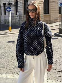 Chaqueta de manga larga con cuello alto y lunares, adecuada para primavera y otoño - Azul Marino - Ver 1