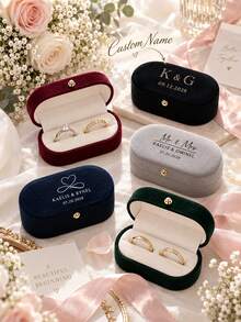 Personalized Oval Velvet Ring Box, Customizable Name And Date, Oval Double Ring Box, Suitable For Wedding, Engagement, Proposal, Bridal Party Gift - Multicolor - View 1
