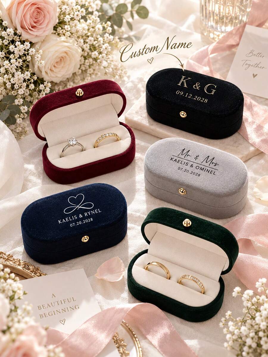 Personalized Oval Velvet Ring Box, Customizable Name And Date, Oval Double Ring Box, Suitable For Wedding, Engagement, Proposal, Bridal Party Gift - Multicolor - View 1