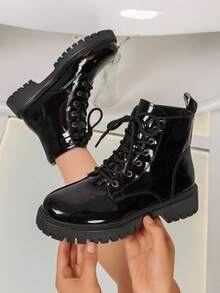 Glossy Black PU Thick Heel Ankle Boots & Round Toe Boots - Lace-Up Closure Design, Round Toe, Rubber Sole - Shiny Dress Boots Suitable For Various Occasions, Applicable For Casual Outfits - Black - View 1