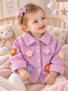 Baby Girl Light Purple Collared Long Sleeve Jacket, Colorful 3D Flower Decoration, Vertical Stripe Texture, Single-Breasted With Flap Chest Pocket Design, Sweet Casual Style - Purple - View 1