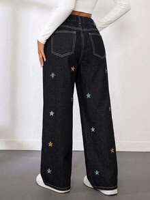 Girls' Teen Mid-Waist Star Embroidered Loose Wide-Leg Streetwear Black Denim Jeans - Black - View 2
