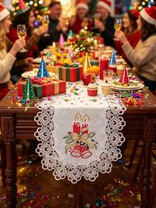 1pc 100% Polyester Christmas Table Runner With Lace Trim, Embroidered Red Candle, Bell And Holly Leaf Pattern, White Holiday Dining Table Decor, Suitable For Winter Party Home Decoration - White - View 10