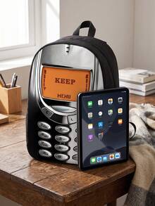 Retro Cellphone Design Large Capacity Lightweight Casual Backpack, Polyester Material Niche Design, Unisex Shoulder Bag, Everyday Carry, Gift For Men, Holiday Gift, Gift For Classmates - Retro Cellphone - View 9