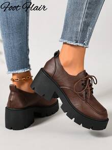 Foot Flair Women's Brown Lace-Up Round Toe Classic Versatile Shoes, Sizes 35-43 Available - Brown - View 6