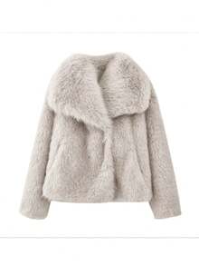 Women's Fashionable Solid Color Faux Fur Coat, Long Sleeve, Waterfall Collar, Fluffy Details, Regular Length, Suitable For Autumn/Winter - Apricot - View 4