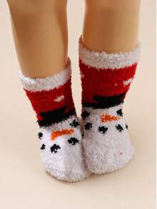 6 Pairs Random Kids Christmas Half-Fleece Mid-Calf Socks, Multiple Cartoon Snowman & Reindeer Patterns, Thickened Warm Soft Skin-Friendly Winter Home Sleep Socks For Boys & Girls - Multicolor - View 4