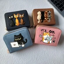 Cat Print Card Holder, Lightweight Fashionable Women's Wallet, Suitable For Daily Use, Double Zipper Mini Wallet/Coin Purse/Card Holder - Multicolor - View 1