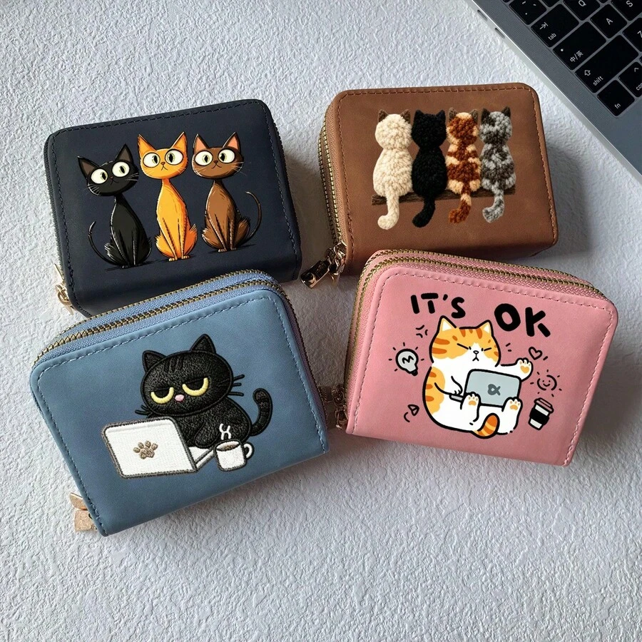 Cat Print Card Holder, Lightweight Fashionable Women's Wallet, Suitable For Daily Use, Double Zipper Mini Wallet/Coin Purse/Card Holder - Multicolor - View 1