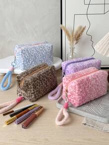 Leopard Print Plush Makeup Bag, Portable Large Capacity Storage Bag With Handle, Soft Plush Toiletries Organizer Bag, Miscellaneous Storage Bag - Multicolor - View 5