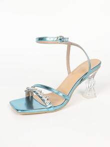 Women's Square Toe Crystal High Heel Sandals With Rhinestone Strap, Elegant Fashion Open Toe Summer Autumn Minimalist Basic Buckle - Blue - View 13