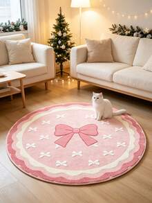1pc 2026 New - Pink Bow Round Rug, Suitable For Bedroom, Living Room, Ins Sweet Girl Style Home Decor, Wavy Edge Bow Print Decorative Mat, Bedroom Rug, Living Room Rug, Decorative Rug, Washable Rug, Indoor Round Floor Mat, Sweet Girl Atmosphere Home Gift - Multicolor - View 4