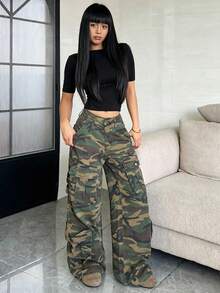 1pc Women's American Street Style Patchwork Multi-Pocket Cargo Wide Leg Camouflage Jeans Long Pants For All Seasons (Belt/Accessories Not Included) - Army Green - View 10