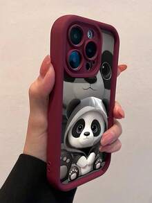 1件酒紅色可愛熊貓設計極簡全包覆TPU防震手機殼，適用於Apple 18 17 16 15 14 13 12 11 Pro Max Air及系列 - 彩色 - 查看 2