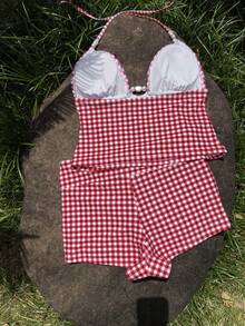 Women's 2pcs Red & White Plaid Bikini Shorts Set, Pearl Decor, Elegant Swimsuit Set, Suitable For Summer Beach Vacation Party - Multicolor - View 3