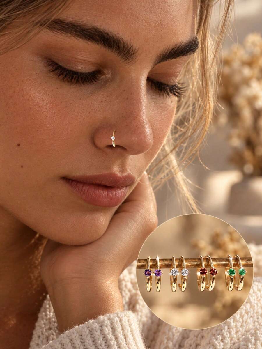 FOREVER QUEEN 1PC 925 Sterling Silver Nose Hoop Ring, CZ Cartilage Hoop Earring, Small Thin Nostril Piercing Jewelry, Colorful Birthstone Crystal Nose Piercing Gift - Single - View 1