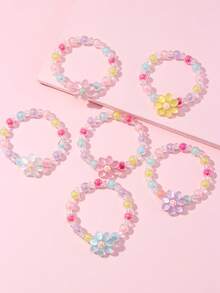 6Pcs Flower Beaded Bracelets For Girls, Random Color Kids Party Jewelry Birthday Gift - Multicolor - View 9